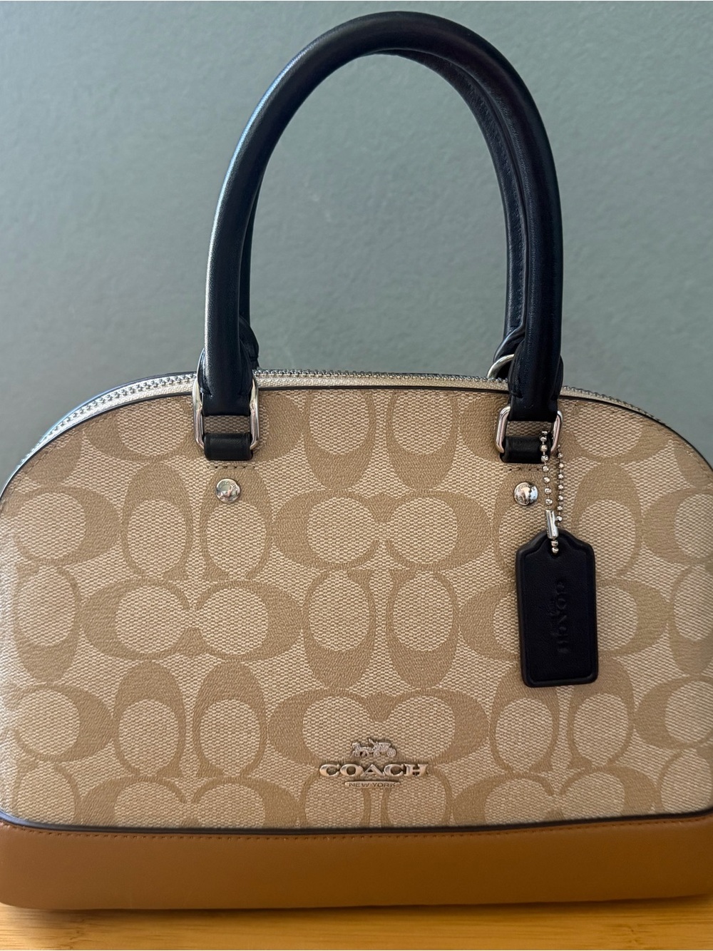 Coach Beige Monogram Dome Satchel with Black Handles and Tan Base